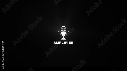White amplifier microphone icon loop, digital sound gain boost mic logo with text, audio power booster overlay asset on black background 4k.