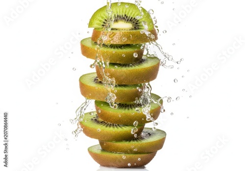 A tall stack of fresh kiwi slices splashed with refreshing clear water