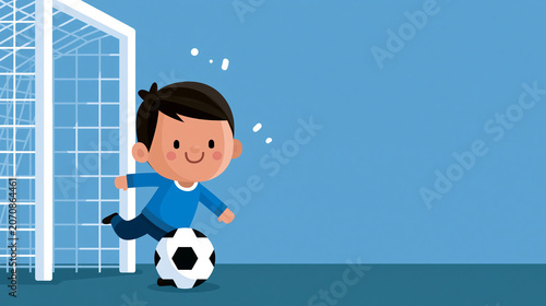 Cartoon character with a happy expression kicking a football into the goal, playful animated style, football cartoon concept art, sports illustration for kids, with copy space