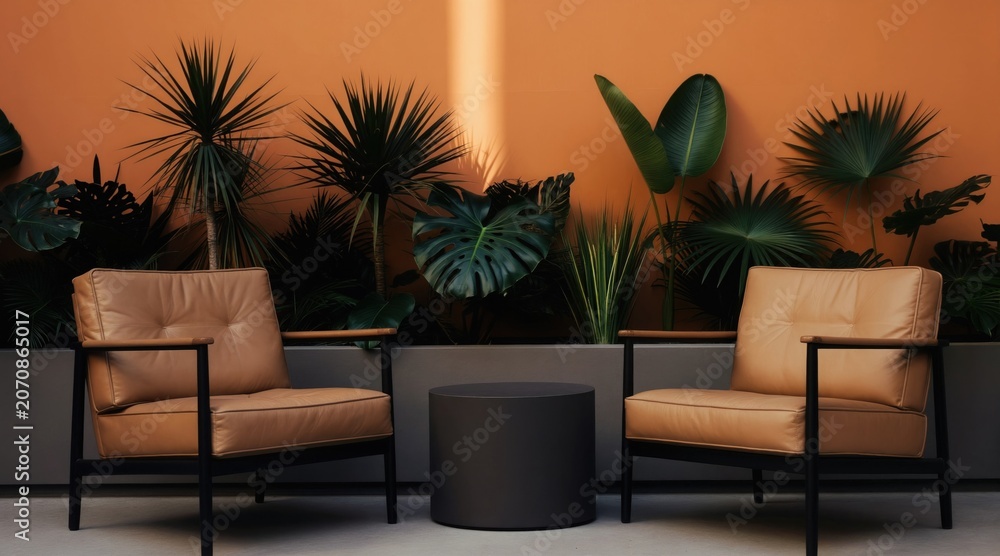 Naklejka premium Two tan armchairs sit with dark coffee table, surrounded by rich green plants against warm orange wall. Seating area feels modern, inviting, offering comfortable space for relaxation, conversation.