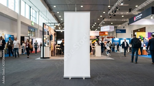 Blank White Roll Up Banner Mockup at Busy Trade Show Exhibition