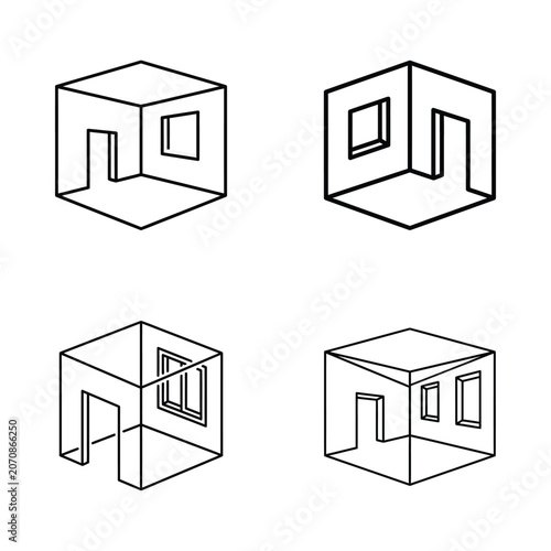 Isometric Room Line Art: Window, Door, Interior Design Concepts