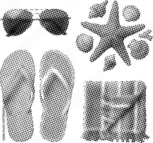 Halftone dots illustration of summer vacation items  sunglasses flip flops starfish