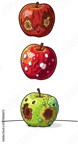 Three rotten apples stacked in a playful cartoon style  