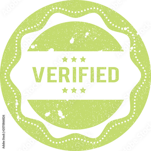 Foto Bright lime green round rubber stamp with the word verified and small stars for