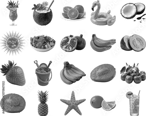 Black and white illustration of various fruits and summer objects  tropical vacation