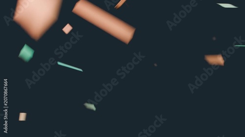 Drifting confetti rotating and falling in dark studio, camera shift revealing mint peach strips