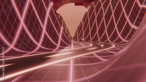 Advancing camera pushing neon roadway and grid hills through neon canyon to far arch with hexagon