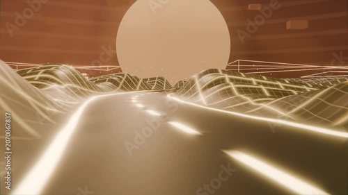Advancing camera following glossy two-lane road through neon wireframe hills, seeking glowing sun