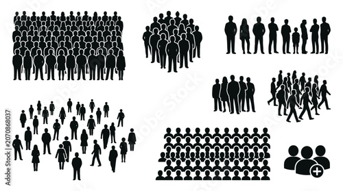 Silhouettes of people in groups.