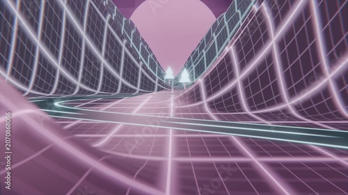 Advancing neon-grid canyon guiding curving dual-lane road toward pink sun with glowing trees