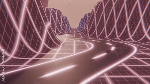 Gliding camera pushing forward along winding shiny road in neon grid canyon showing lane markers