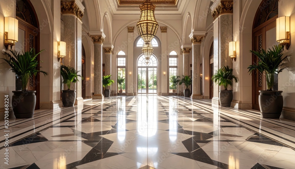 Fototapeta premium Grand Marble Hallway with Ornate Chandeliers and Sunlight Reflections