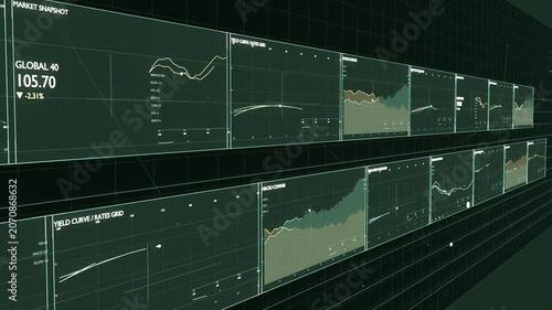 Panning camera moving along grid wall, revealing dual-row digital panels to showcase market data
