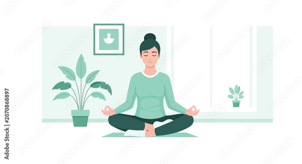 Fototapeta premium Woman Practicing Mindfulness Meditation and Yoga in Lotus Pose at Home Vector Illustration for Wellness and Mental Health