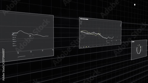 Playback starting HUD panels sliding through 3D grid, showing market data and nodes to show trends
