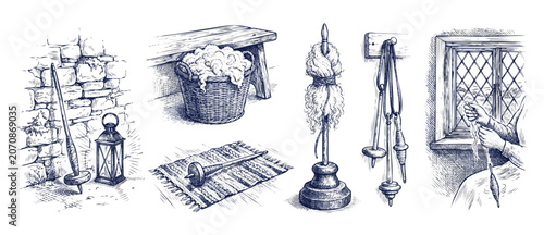 Картината върху платно Vintage wool spinning tools illustration with drop spindle and distaff set showing traditional hand crafting process, raw sheep fiber basket, historical engraving design for rustic textile art craft
