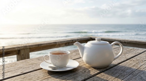 White porcelain teapot and hot tea cup on rustic wooden terrace table with ocean view at sunrise