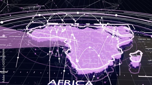 Sweeping radar driving holo AFRICA CYBER-DEFENCE GRID on dark plane, arcing links and node pulsing