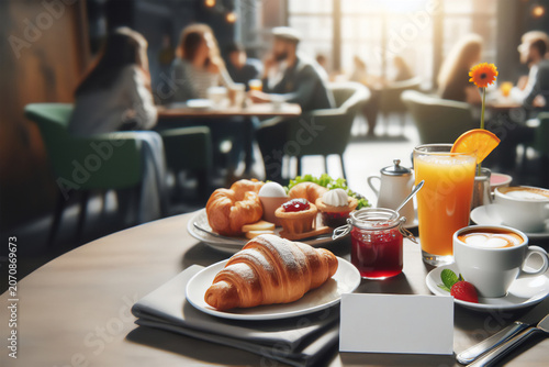 An atmospheric, hearty breakfast in the restaurant. A paper card and the blurred background provide copy space. Croissants, jam, orange juice, and cappuccino; guests enjoying a relaxed atmosphere.