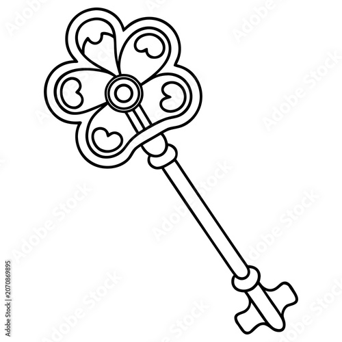 Outline drawing of an ornate vintage key, intricately designed floral key for fantasy and antique themes.