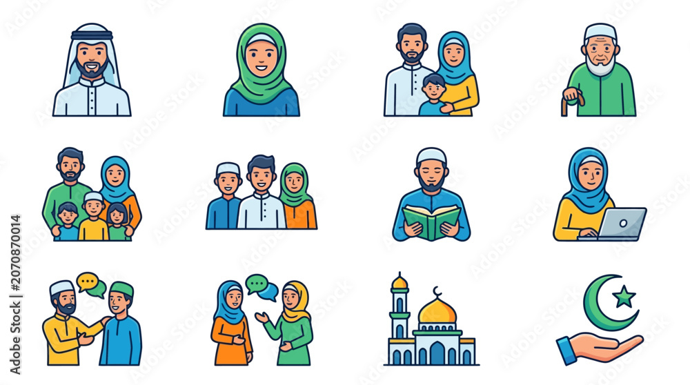 Fototapeta premium Modern Muslim Community Icon Pack with Vibrant Character Designs Featuring Diverse Cultural Elements and Contemporary Art Style for Digital Media and Branding Projects