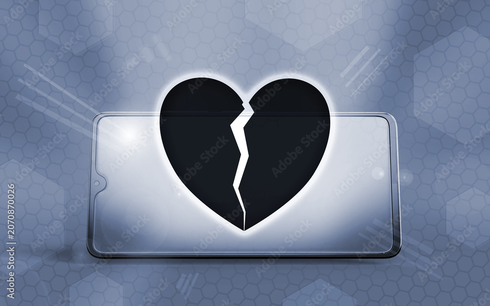 Fototapeta premium Representación 3D de un teléfono inteligente con un corazón roto en la pantalla, simbolizando el desamor digital, rupturas sentimentales virtuales y relaciones modernas a larga distancia.