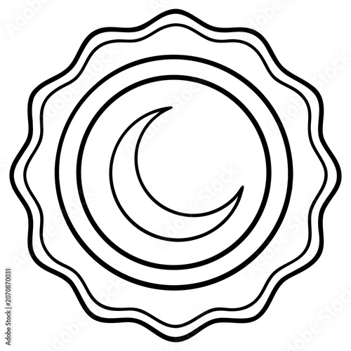 Minimalist badge icon featuring central crescent moon symbol in black outline.