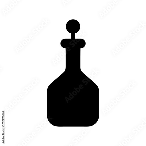Simple black silhouette icon of glass apothecary bottle with round stopper.