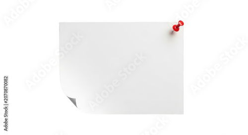 Blank white paper note pinned with a red push pin isolated on transparent background