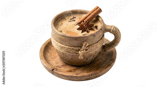 Cozy rustic clay mug with cinnamon and star anise on wooden plate indoors transparent background