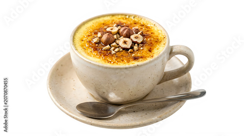 Delicious creme brulee coffee in a ceramic cup with hazelnuts on top and spoon transparent background