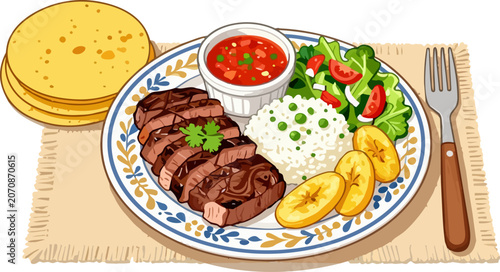 Delicious Latin American food, grilled steak plate, rice, salad, salsa, flatbread