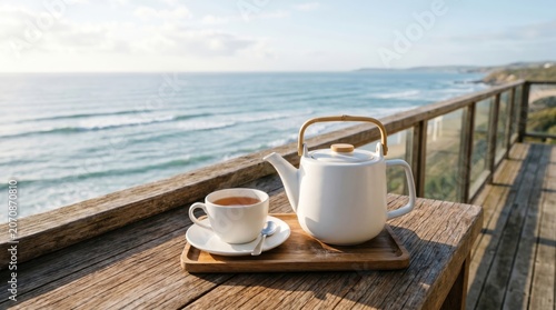 White teapot with wooden handle and tea cup on wooden tray overlooking scenic ocean balcony coast view