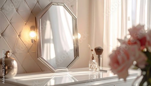 Elegant Art Deco Style Vanity Mirror Reflecting Soft Light on a Dressing Table with Makeup Accessories