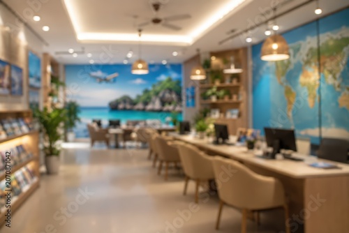 Blurred travel agency office interior with world map beach mural desks chairs tourism vacation booking consulting space