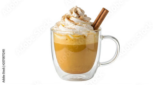 Glass mug of pumpkin spice latte with whipped cream and cinnamon stick on transparent background transparent background
