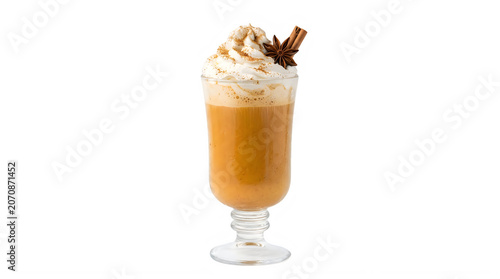 Glass of creamy orange pumpkin spice drink with whipped cream and cinnamon stick garnish transparent background
