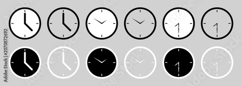 Canvas-taulu Clock icon set with analog clocks, alarm clocks, timer symbols, and multiple time variations in black, white, and gray styles arranged as a collection of timekeeping icons