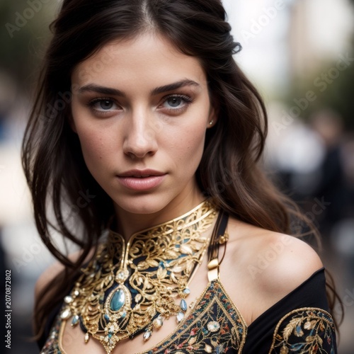 Portrait of an elegant young woman with dark hair wearing ornate gold medieval fantasy jewelry and embroidered dress