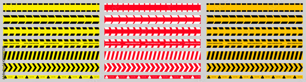 Obraz premium Warning tape collection featuring construction barrier tape, hazard stripes, directional chevrons, caution markings, and safety boundary designs in yellow, black, red, and white colors.