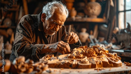 Elderly Artisan Meticulously Carving Intricate Wooden Sculpture in Workshop
