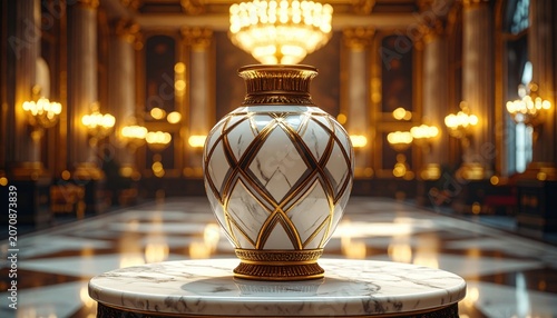 Exquisite Art Deco styled ceramic vase with ornate gold detailing resting on a marble surface, illuminated by grand chandelier light