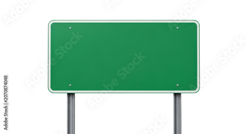 Blank green road sign on metal poles isolated on transparent background
