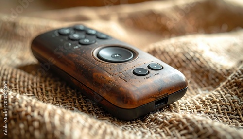 Exquisite Wooden Remote Control Device with Tactile Buttons and Dial on Textured Fabric Background