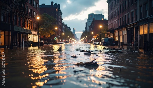 Flooded City Streets at Night Reflecting Lights Amidst Urban Disaster