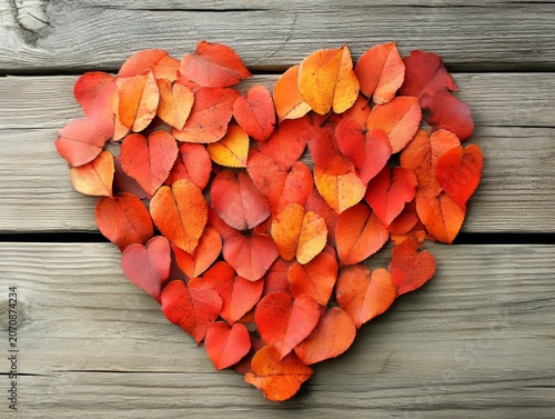 Red and orange leaves in autumn, shaped like a heart. A wooden background for fall.
