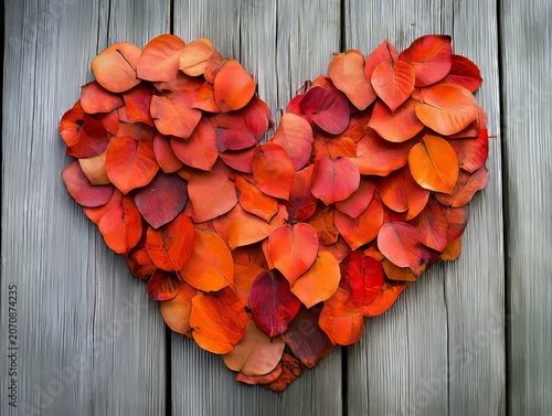 Red and orange leaves in autumn, shaped like a heart. A wooden background for fall.
