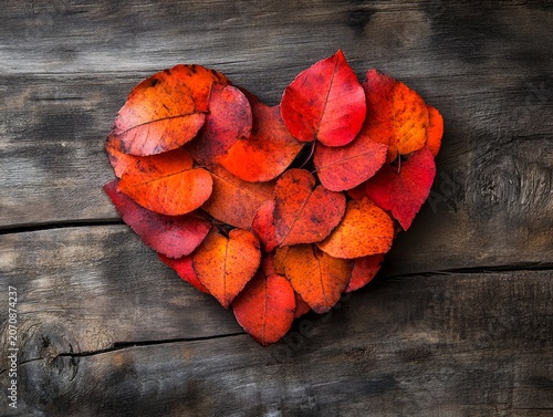 Red and orange leaves in autumn, shaped like a heart. A wooden background for fall.
