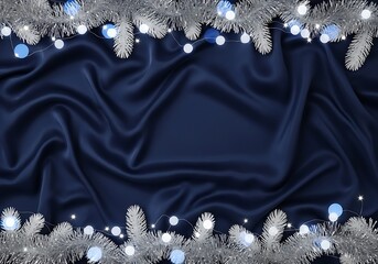 Elegant Navy Blue Silk Background Framed by Silver Pine Needles and Glowing Fairy Lights